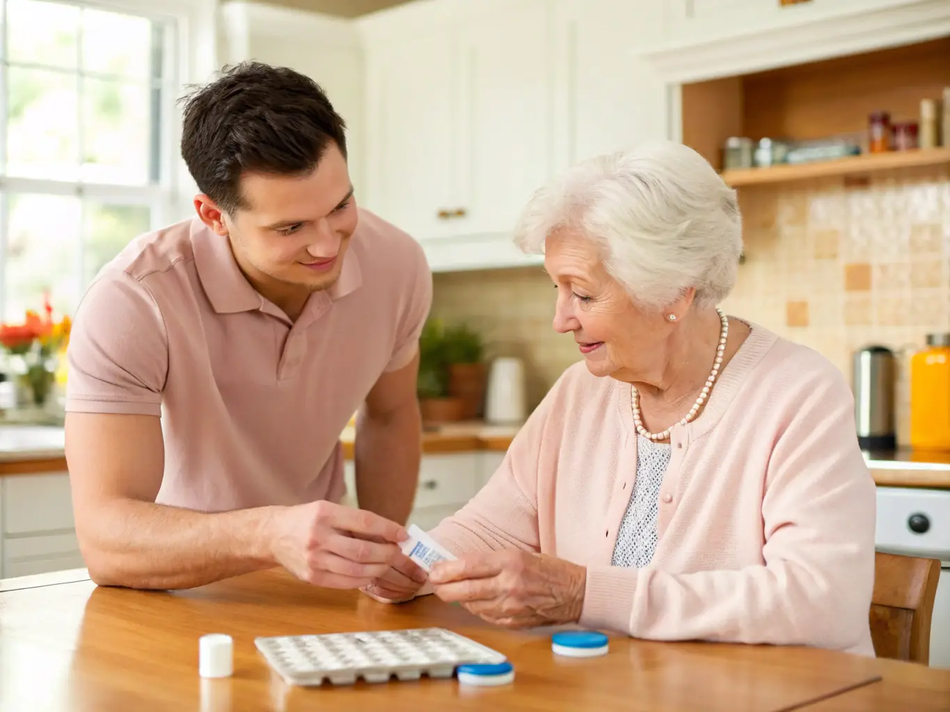 A compassionate caregiver assisting a senior with medication management in a cozy home setting, emphasizing personalized hourly care.