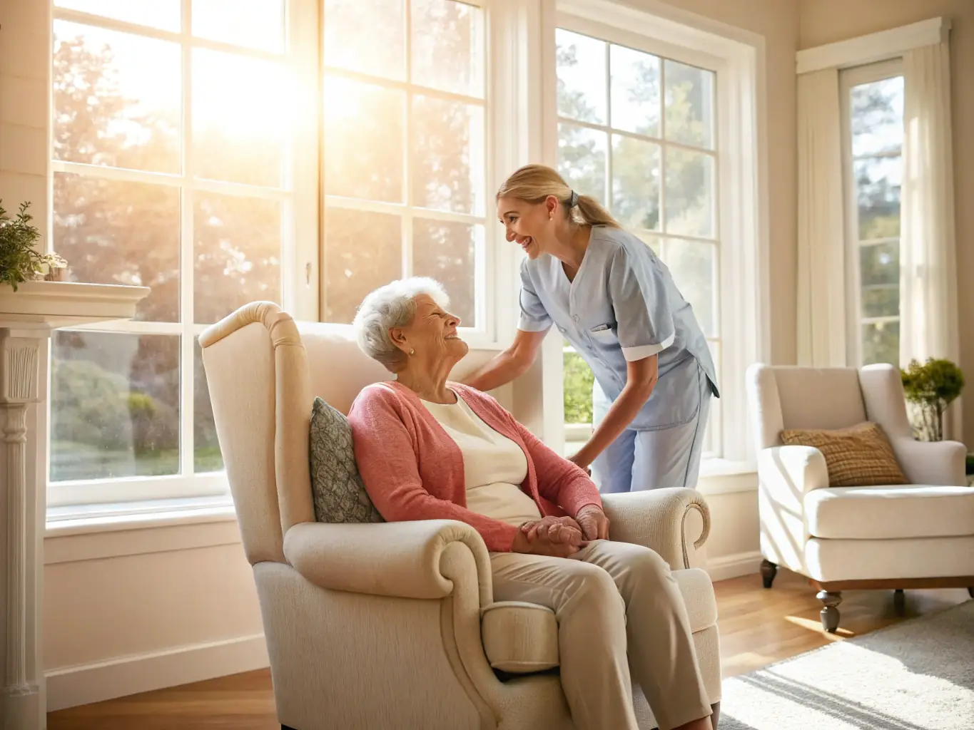 A serene image of a caregiver providing attentive support to a senior in their home, highlighting the benefits of live-in care.